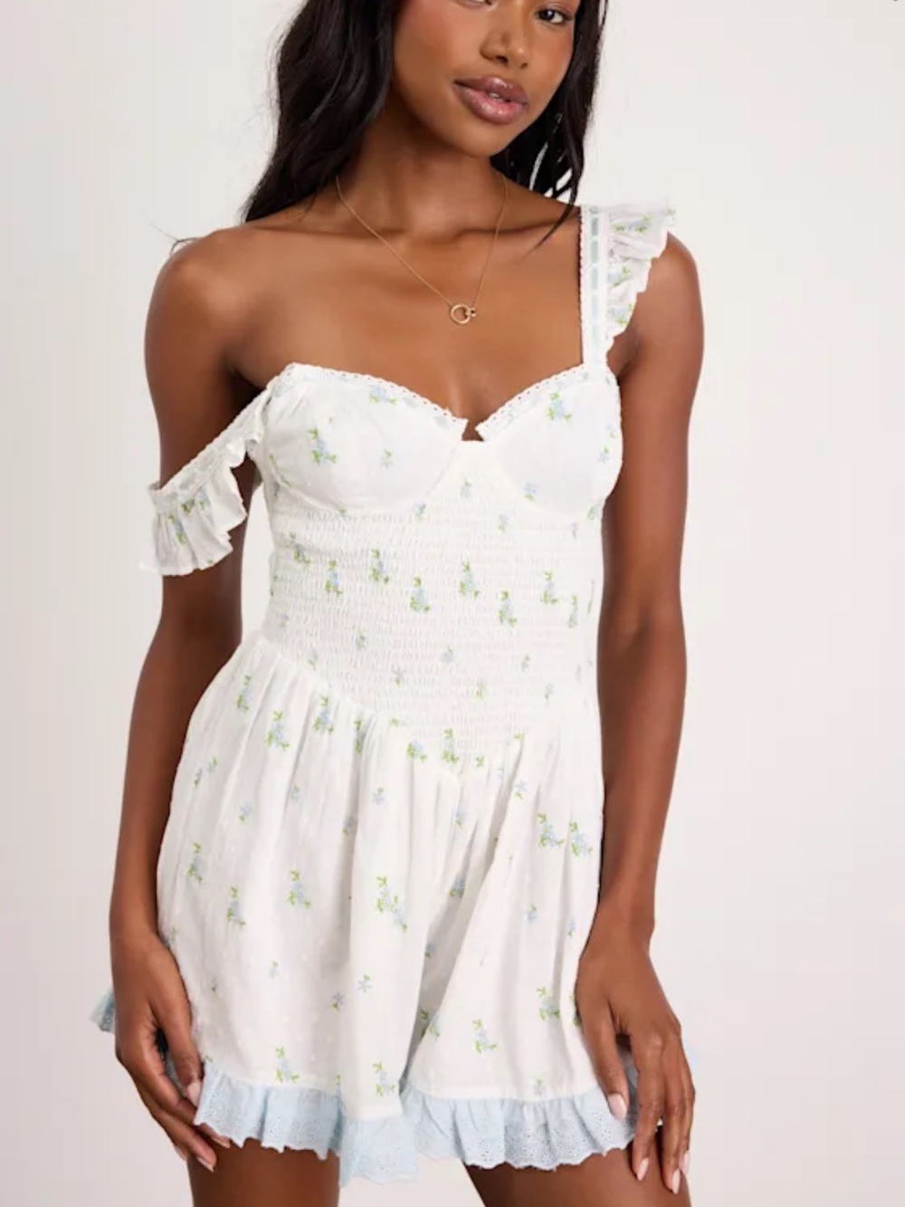 Lulus NWT Colbie White Floral Swiss Dot Bustier Romper size XS
